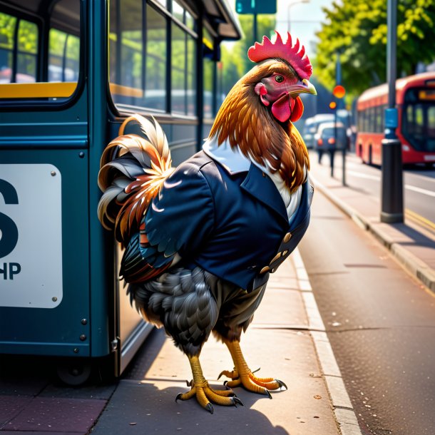 Imagen de una gallina en un pantalón en la parada de autobús