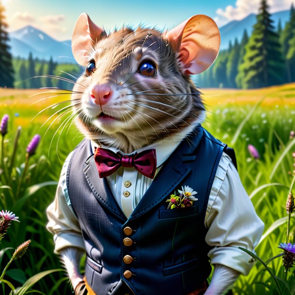 Pic d'un rat dans un gilet dans la prairie