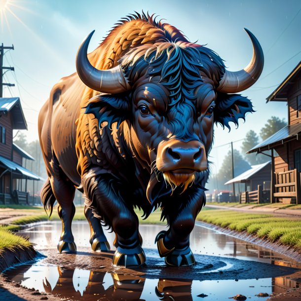 Drawing of a buffalo in a gloves in the puddle