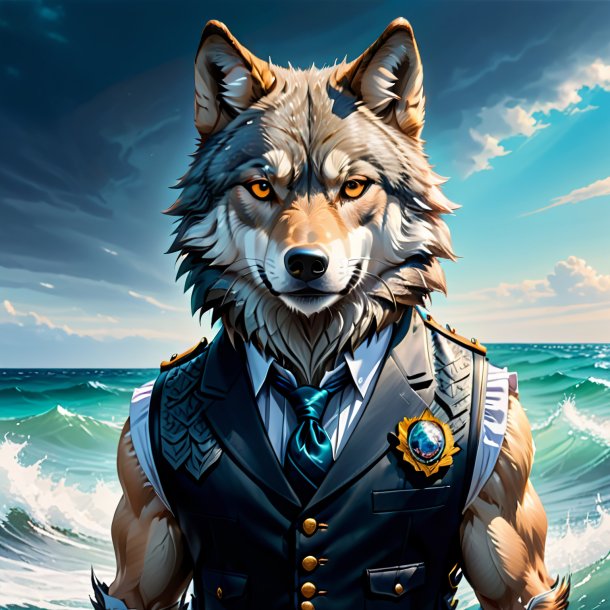 Desenho de um lobo em um colete no mar