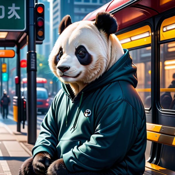 Foto de un panda gigante en una sudadera con capucha en la parada de autobús