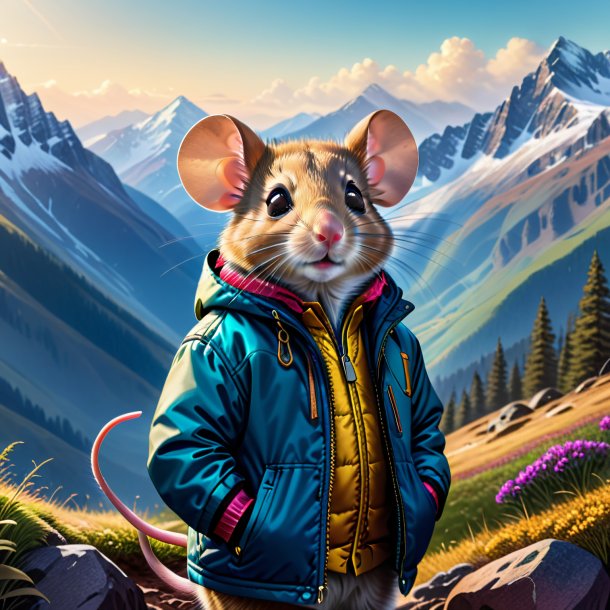 Drawing of a mouse in a jacket in the mountains