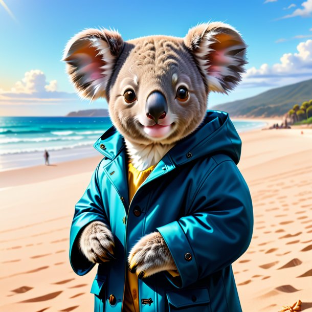 Dessin d'un koala dans un manteau sur la plage