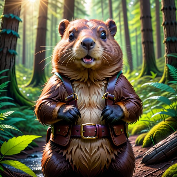 Pic of a beaver in a belt in the forest