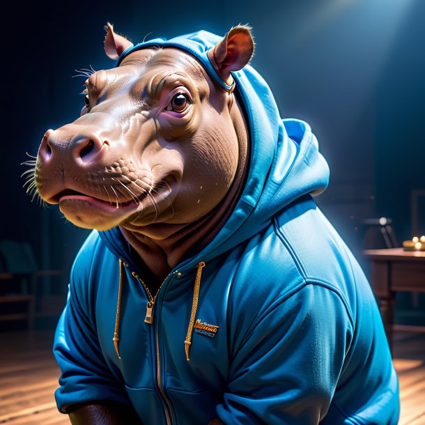 Pic of a hippopotamus in a blue hoodie