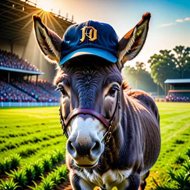 Foto de um burro em um boné no campo