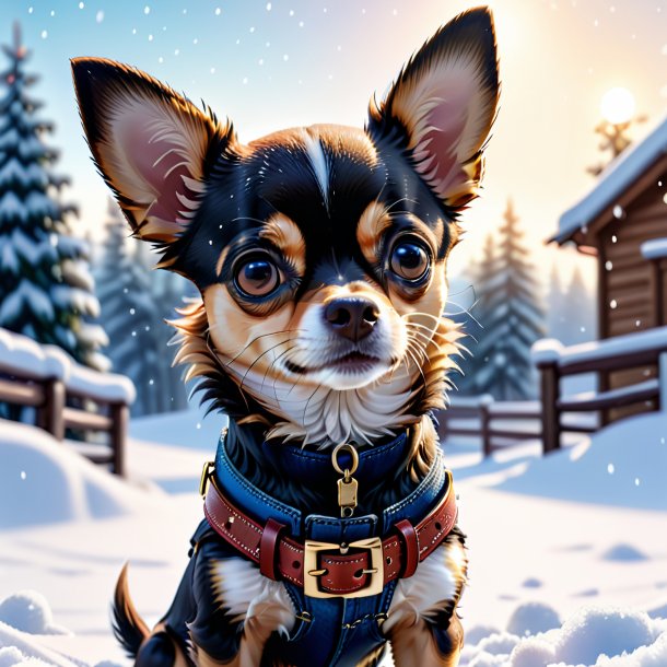 Ilustração de um chihuahua em um cinto na neve