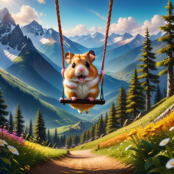 Image of a swinging on a swing of a hamster in the mountains