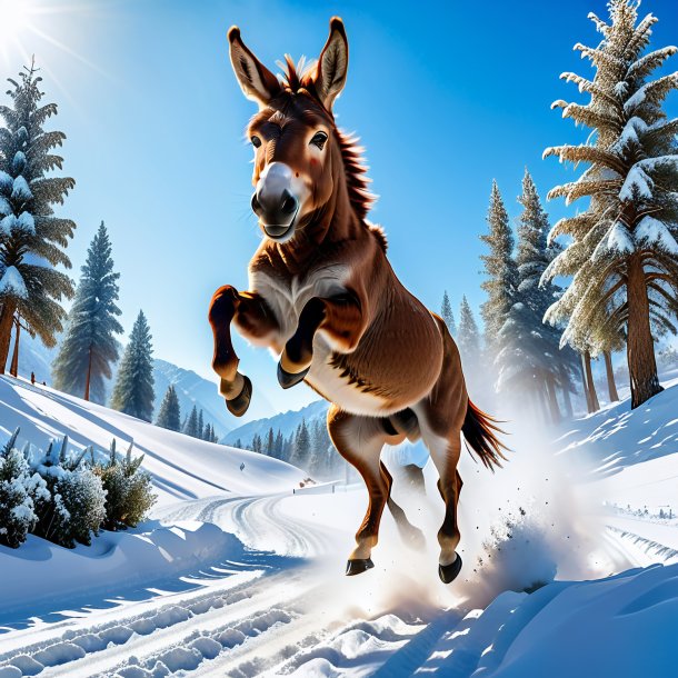 Image of a jumping of a donkey in the snow