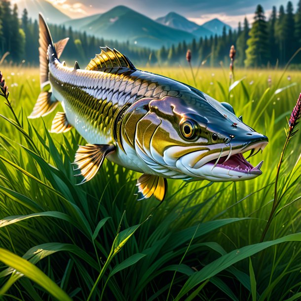 Pic of a threatening of a pike in the meadow