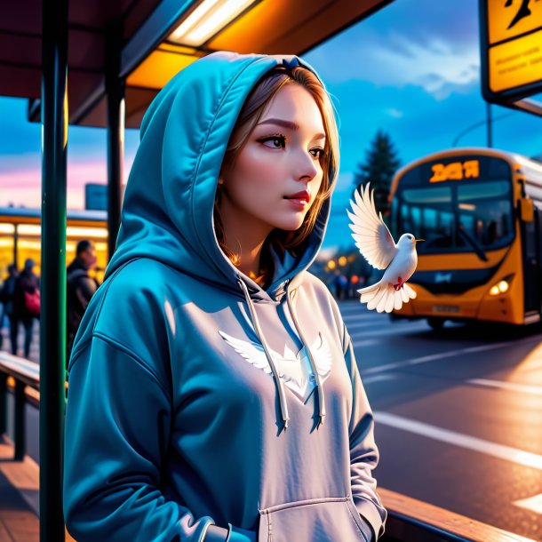 Foto de una paloma en una sudadera con capucha en la parada de autobús