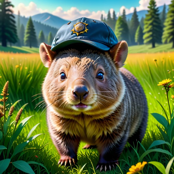 Picture of a wombat in a cap in the meadow