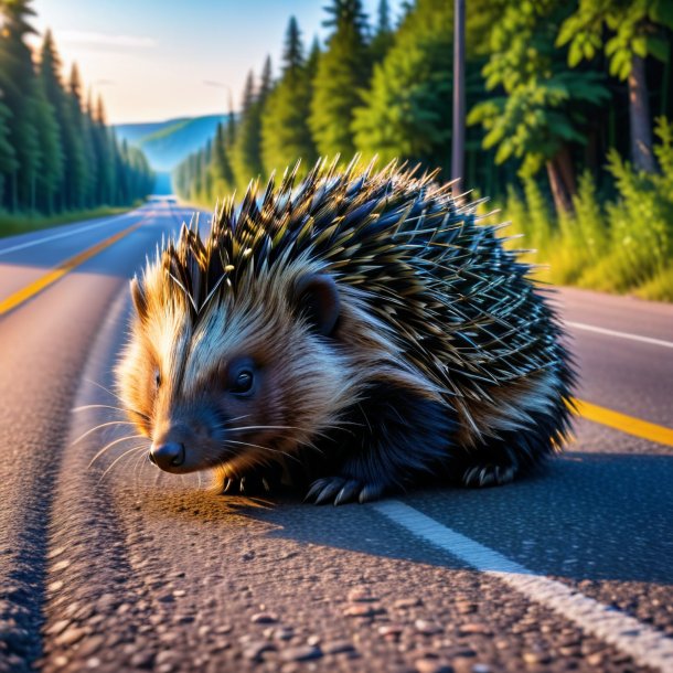 Photo of a sleeping of a porcupine on the road