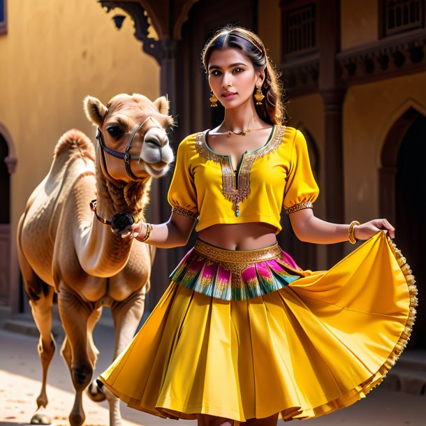 Pic of a camel in a yellow skirt