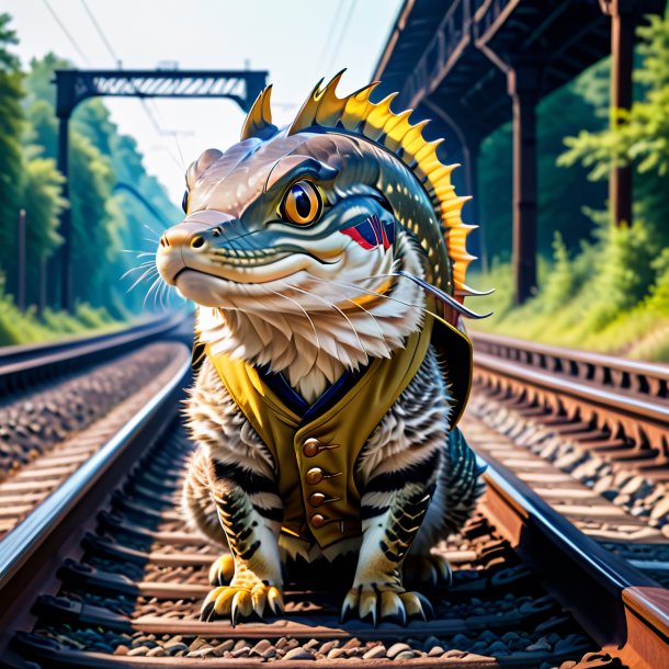 Image of a pike in a vest on the railway tracks