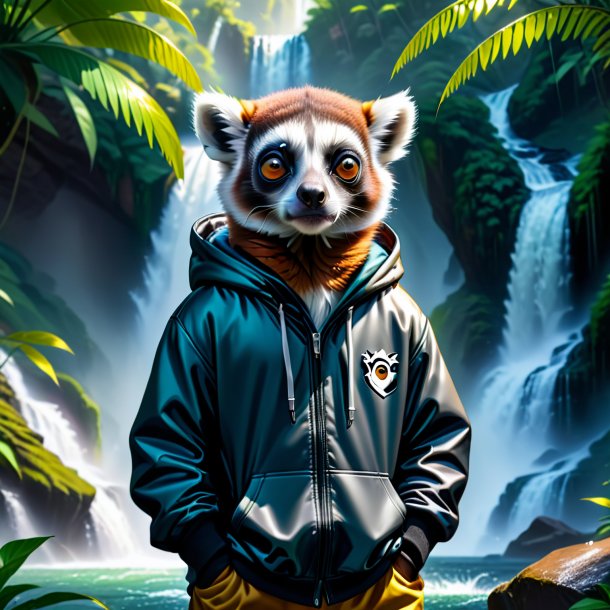 Ilustração de um lémur em um hoodie na cachoeira