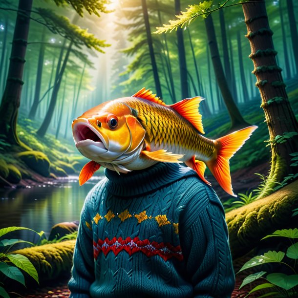 Photo of a carp in a sweater in the forest