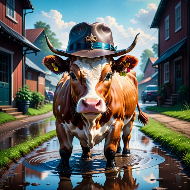 Illustration of a cow in a hat in the puddle