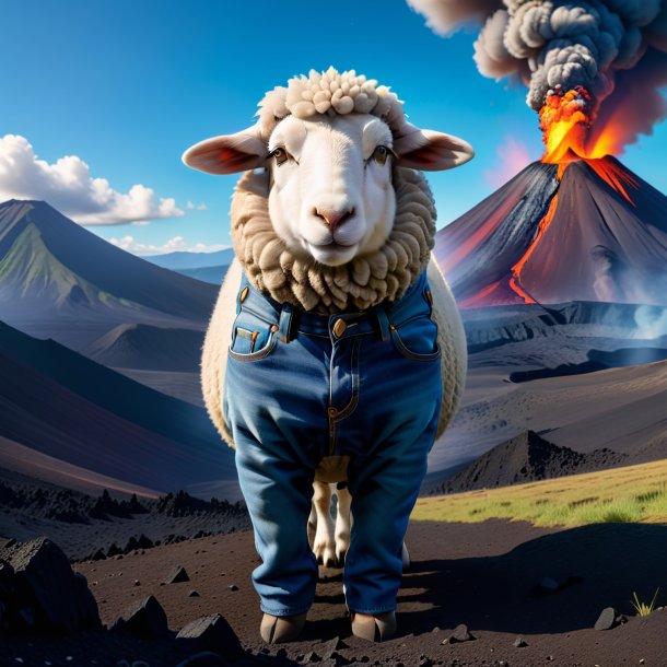Image of a sheep in a jeans in the volcano