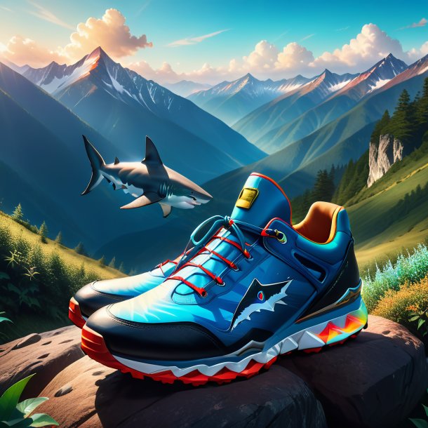 Drawing of a shark in a shoes in the mountains