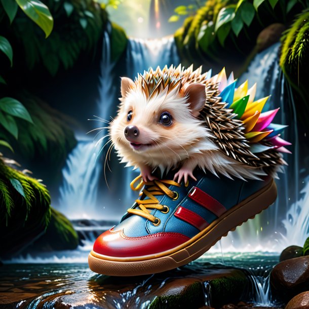 Image of a hedgehog in a shoes in the waterfall