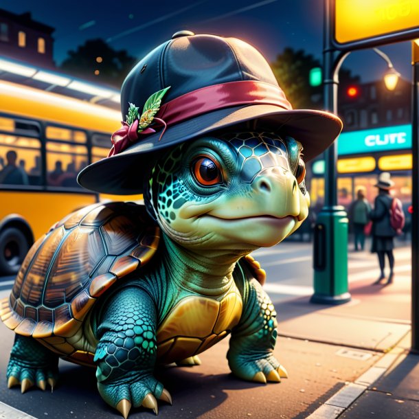 Drawing of a turtle in a hat on the bus stop