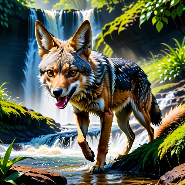 Photo of a eating of a jackal in the waterfall