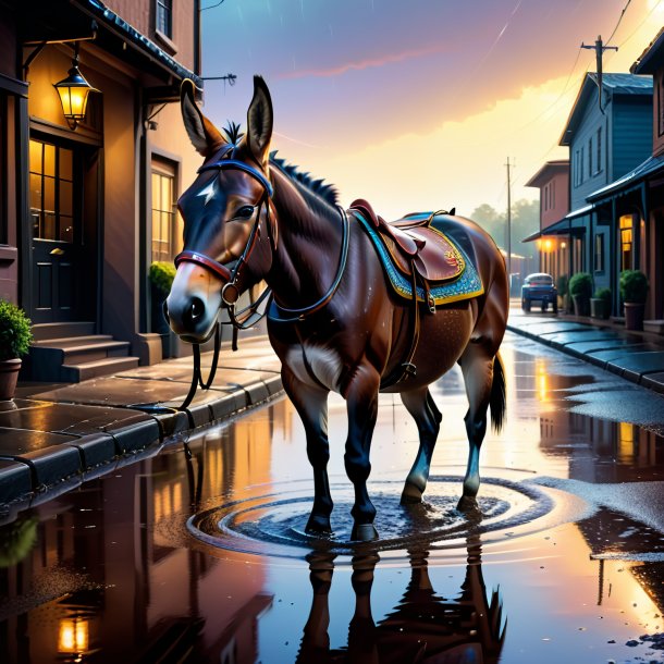 Illustration of a mule in a belt in the puddle