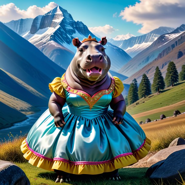 Picture of a hippopotamus in a dress in the mountains