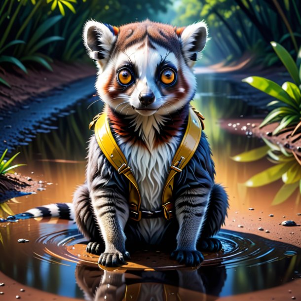 Illustration of a lemur in a belt in the puddle