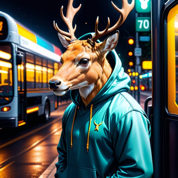 Imagem de um veado em um hoodie no ponto de ônibus