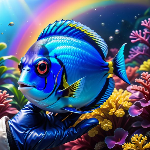 Illustration of a blue tang in a gloves on the rainbow