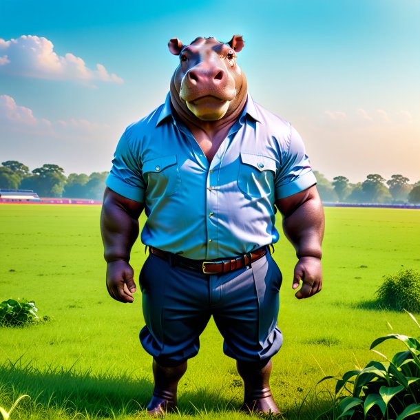 Pic of a hippopotamus in a trousers on the field