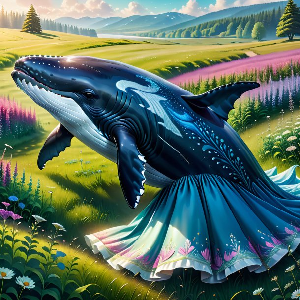 Drawing of a whale in a dress in the meadow