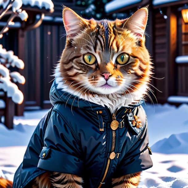 Imagen de un gato en una chaqueta en la nieve