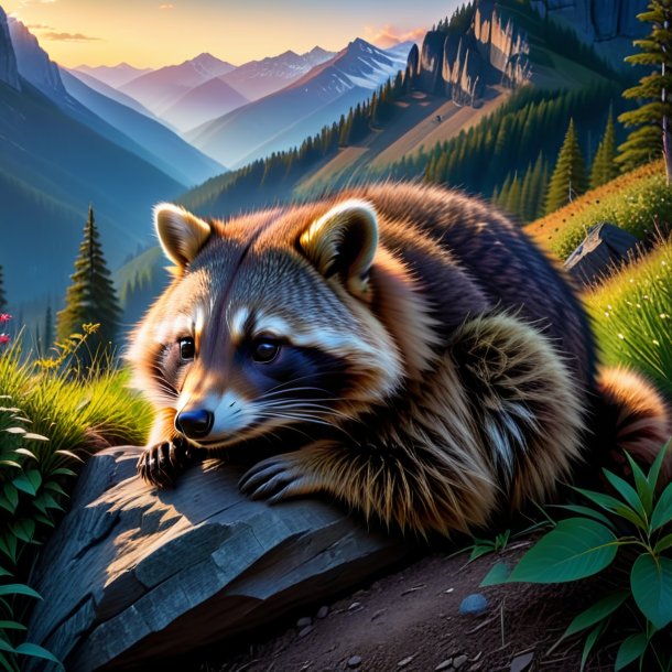 Pic of a sleeping of a raccoon in the mountains