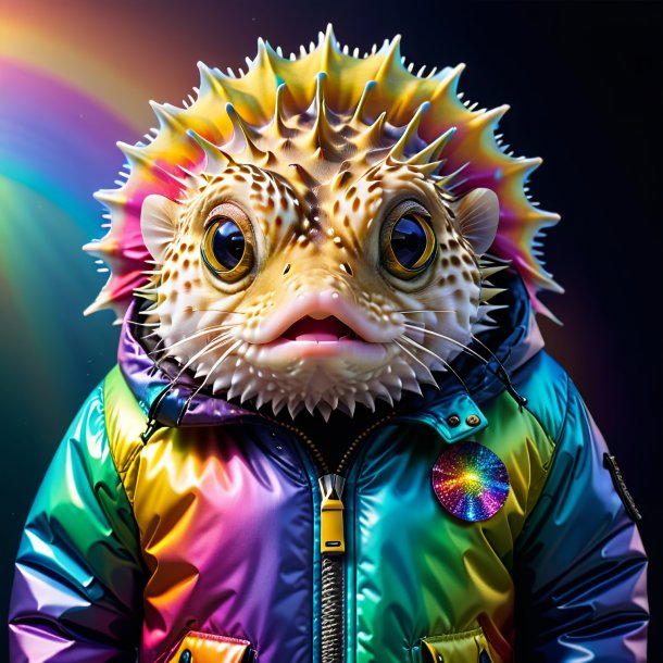 Image of a pufferfish in a jacket on the rainbow