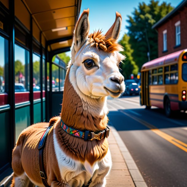 Imagem de uma lhama em um cinto no ponto de ônibus