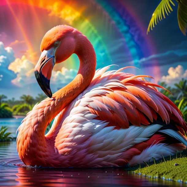 Picture of a sleeping of a flamingo on the rainbow