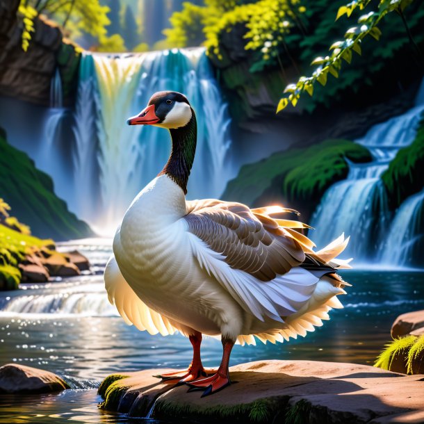 Photo of a goose in a skirt in the waterfall