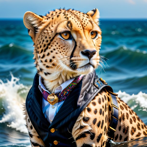 Image of a cheetah in a vest in the sea