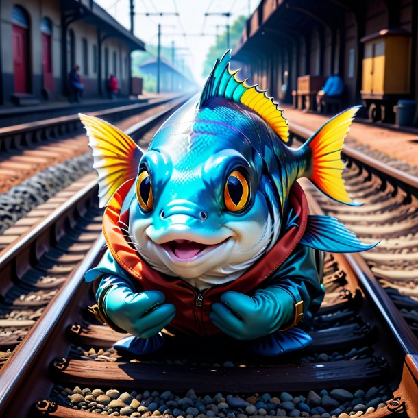 Foto de um peixe em luvas nos trilhos ferroviários