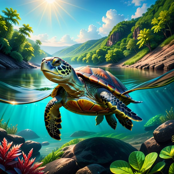 Illustration of a turtle in a belt in the river