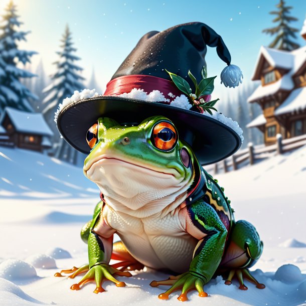 Drawing of a frog in a hat in the snow