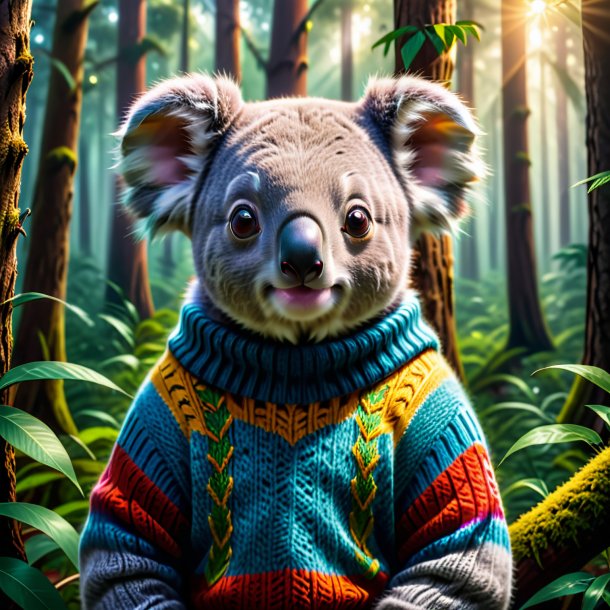 Imagen de un koala en un suéter en el bosque