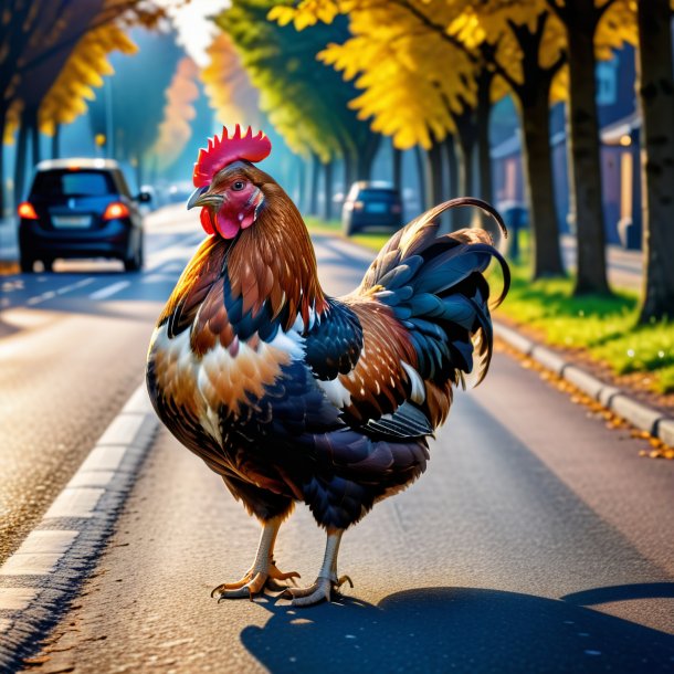 Photo of a hen in a coat on the road