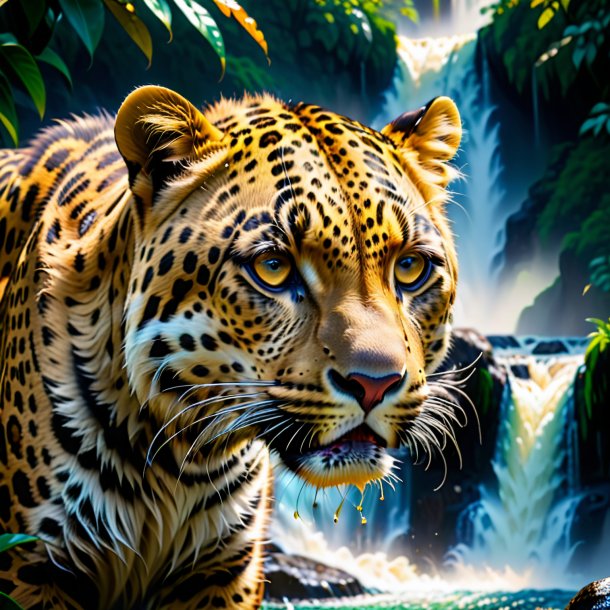 Photo of a crying of a leopard in the waterfall