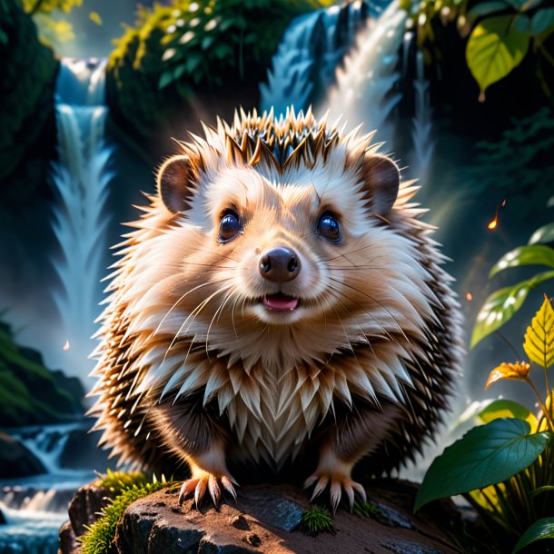 Photo of a smoking of a hedgehog in the waterfall