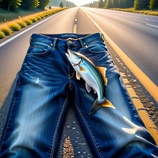 Imagem de um haddock em um jeans na estrada