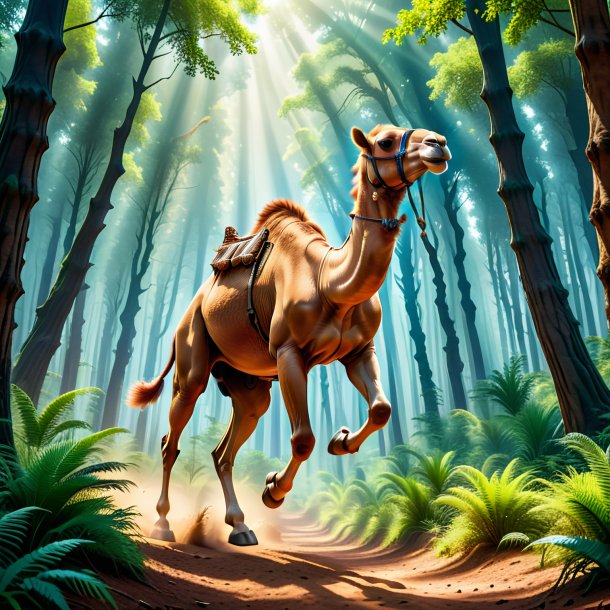 Picture of a jumping of a camel in the forest